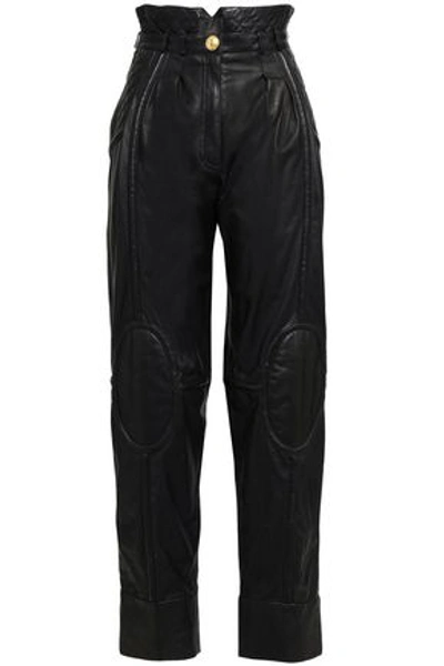 Balmain Woman Quilted Leather Wide-leg Pants Black