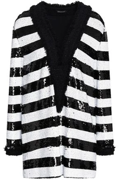 Balmain Striped Sequined Frayed Bouclé-tweed Top In White