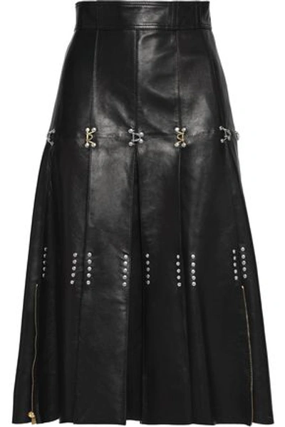 Alexander Mcqueen Woman Embellished Pleated Leather Skirt Black