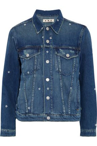 Amo Woman Pop Embroidered Distressed Denim Jacket Mid Denim