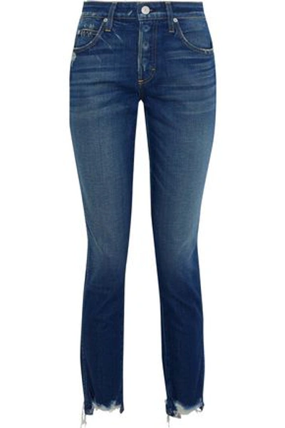 Amo Lover Distressed Mid-rise Slim-leg Jeans In Mid Denim