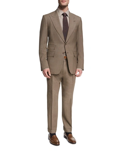 Tom Ford Shelton Base Melange Wool-silk Peak-lapel Two-piece Suit, Brown In Olive