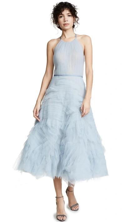 Marchesa Notte Textured Tulle Tea Length Gown In Light Blue