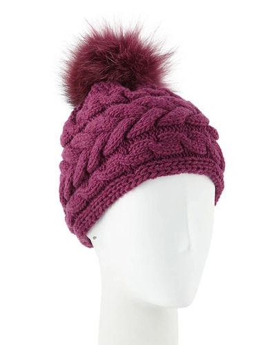 Inverni Cashmere Cable-knit Beanie W/ Fur Pompom In Berry