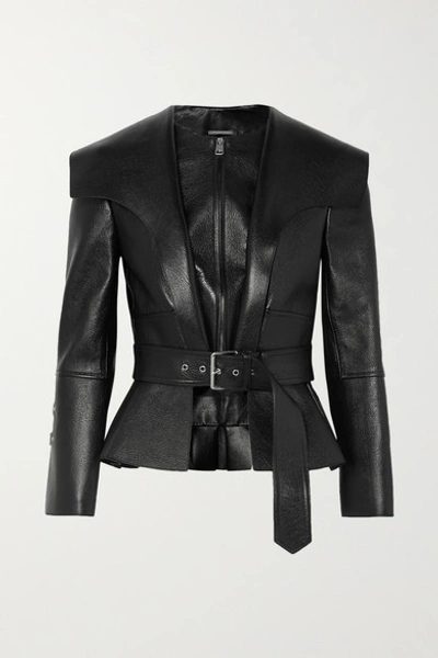 Alexander Mcqueen Textured-leather Belted Peplum Jacket In Black