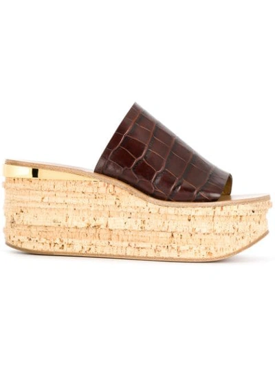 Chloé Camille Crocodile-effect Leather Flatform Sandals In Dark Brown