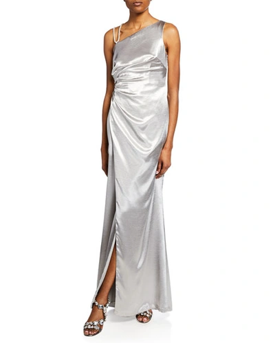 Aidan Mattox One-shoulder Asymmetric Satin Gown With Slit In Silver