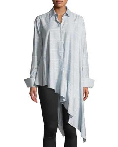 Palmer Harding Spicy Long-sleeve Button-front Asymmetric Shirt In Blue Pattern