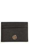 Tory Burch Robinson Leather Card Case In Black/gold