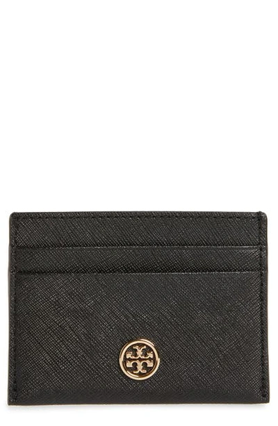 Tory Burch Robinson Leather Card Case In Black/gold