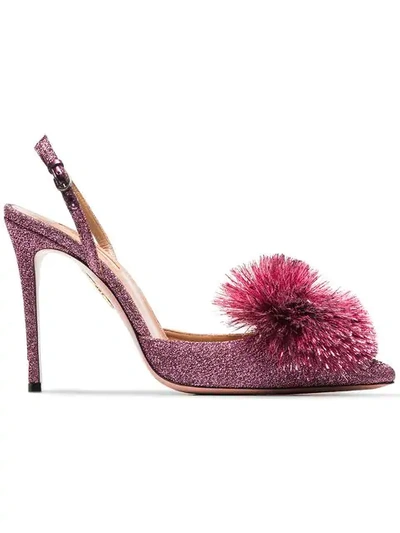 Aquazzura Powder Puff Pompom-embellished Lurex Slingback Pumps In Pink