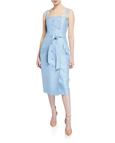 Atelier Caito For Herve Pierre Sleeveless Square-neck Tie-waist Dress In Light Blue