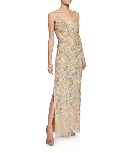 Aidan Mattox Beaded V-neck Sleeveless Column Dress In Light Gold