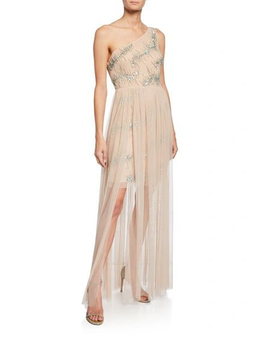 Aidan Mattox One-shoulder Hand-beaded Mesh Gown W/ Sequins & Tulle Skirt Overlay In Nude