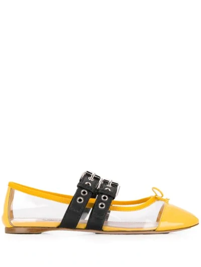 Miu Miu Transparent & Yellow Double Bands Ballerina Flats In Brown