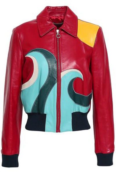 Red Valentino Woman Color-block Leather Bomber Jacket Claret In Merlot