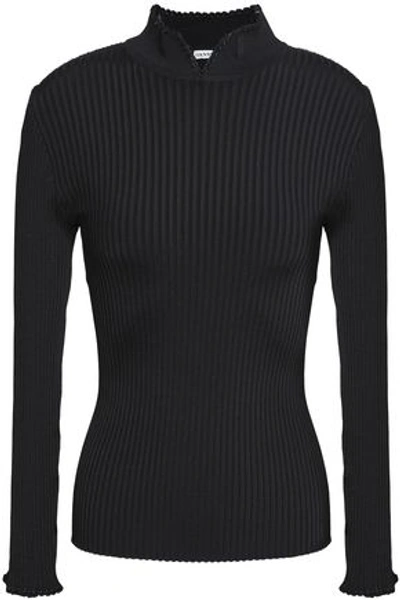 Ganni Woman Crochet-trimmed Ribbed-knit Top Black