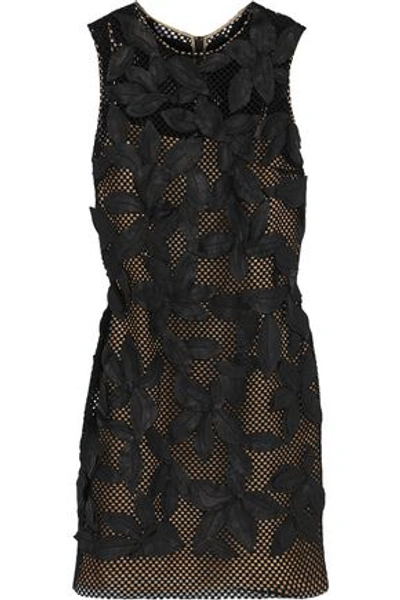 Oscar De La Renta Woman Leather-appliquéd Cotton-blend Mini Dress Black