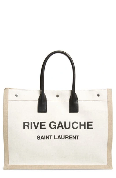 Saint Laurent Noe Rive Gauche Logo Canvas Tote In Beige,black