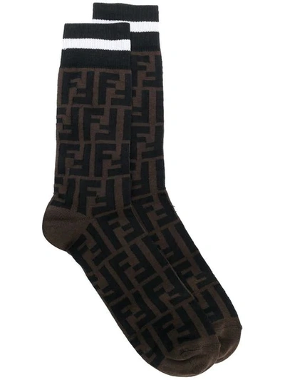 Fendi Black And Brown Stretch Cotton Blend Logo Socks