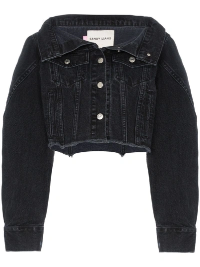 Sandy Liang Reny Cropped Open Collar Denim Jacket In Black