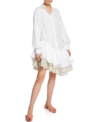 Anais Jourden Flouncy Asymmetrical Shirt Dress With Confetti Trim In White Pattern