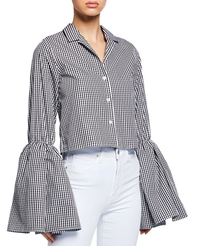 Anais Jourden Cropped Bell-sleeve Gingham Button-up Top In Red Pattern