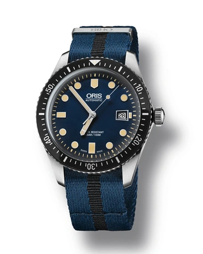 Oris Men's 42mm Diver Watch W/ Textile Strap, Black/blue