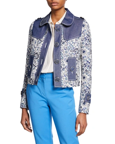 Andrew Gn Floral Jacket With Denim Trim In Blue/white