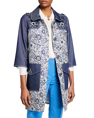 Andrew Gn 3/4-sleeve Floral-print And Denim Coat W/ Embroidery In Blue/white