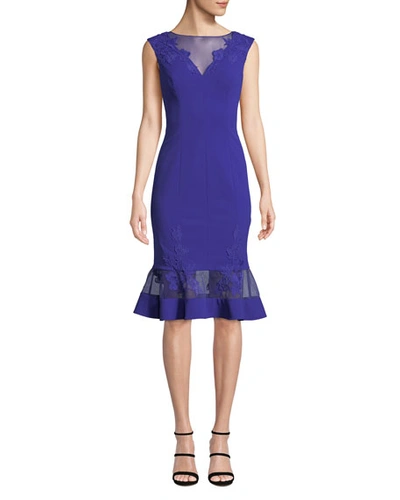 Aidan Mattox Scuba-crepe Illusion Dress In Cobalt