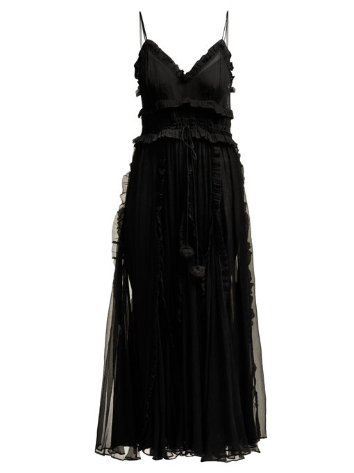 Lee Mathews - Lilla Ruffle Trimmed Silk Dress - Womens - Black | ModeSens