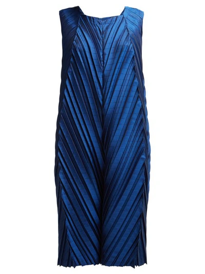 Issey Miyake Petiole Pleated Satin Shift Dress In Blue