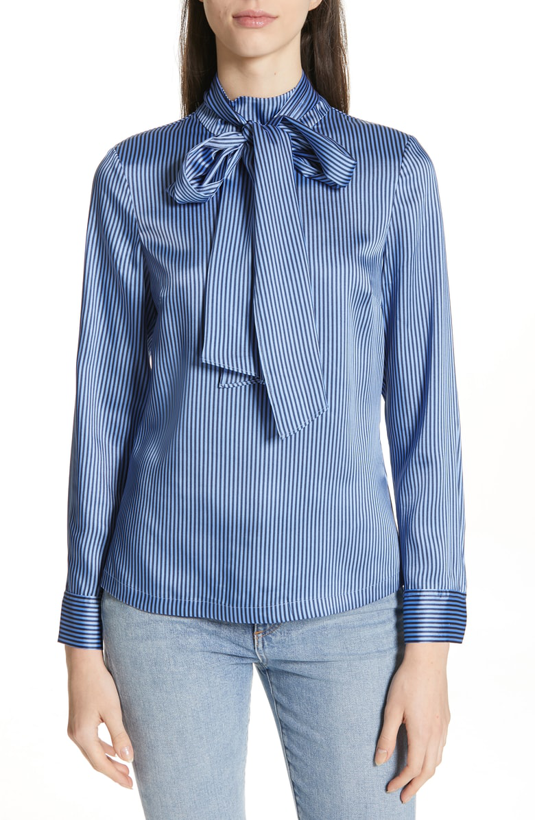 Ted Baker Leynta Tie Neck Stripe Blouse In Dark Blue | ModeSens