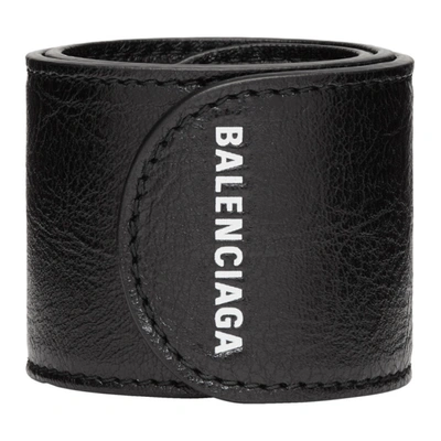 Balenciaga Logo-print Textured-leather Snap Bracelet In Black