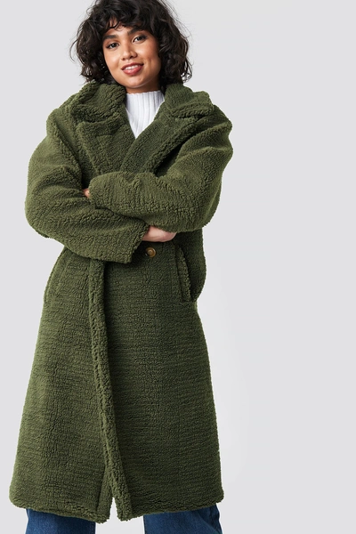 Colourful Rebel Nora Long Teddy Coat - Green In Army