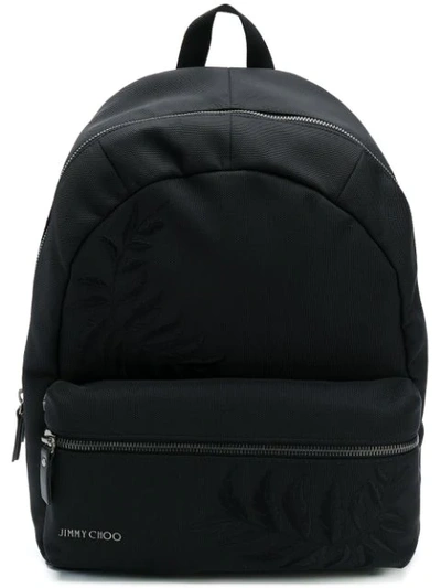 Jimmy Choo Reed Black Woven Nylon Backpack With Feather Embroidery In Black/black