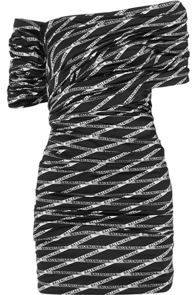 Balenciaga Off-the-shoulder Ruched Printed Stretch-satin Mini Dress In Black