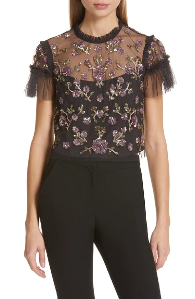 Needle & Thread Carnation Sequined Tulle Cropped Blouse In Graphite