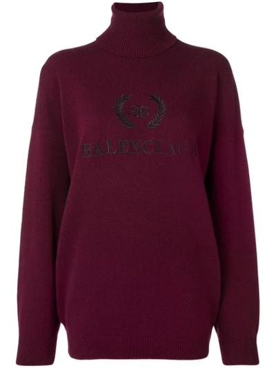 Balenciaga Logo-embroidered Wool And Cashmere-blend Jumper In Berry/black