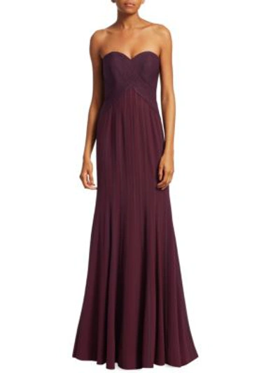 Halston Heritage Strapless Flowy Gown W/ Satin Strips In Syrah
