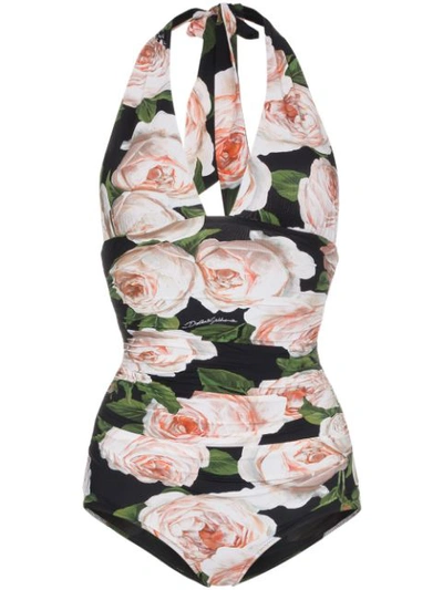 Dolce & Gabbana Rose Print Ruched Halterneck One-piece In Multicolour