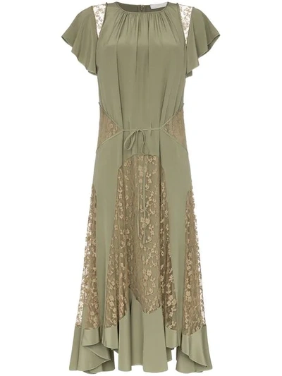 Chloé Lace-insert Silk-crepe Dress In Green