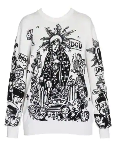 Dolce & Gabbana Cartoon Intarsia Knit Wool Sweater In White Black