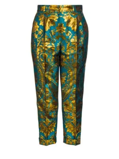 Dolce & Gabbana Jacquard Metallic Floral Cropped Pants In Gold Blue