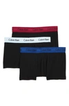 Calvin Klein 3-pack Stretch Cotton Low Rise Trunks In Black W/ Blue/ Maggie/ Vent