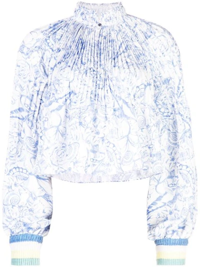 Tibi Isa Toile Pleated Cropped Blouse With Ribbed Cuffs In White Blue Multi