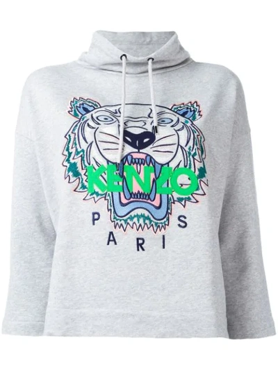 Kenzo Embroidered Tiger Icon Funnelneck Cotton Sweatshirt In Pale Grey