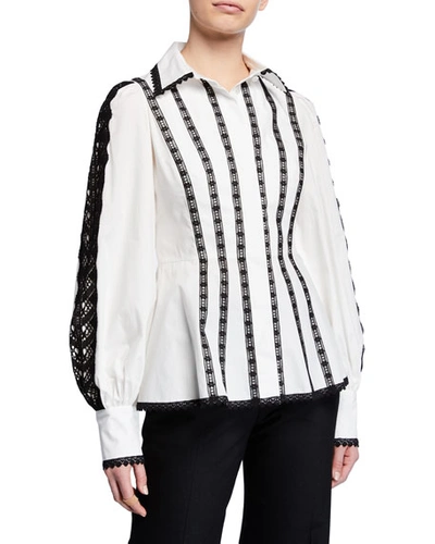 Andrew Gn Long-sleeve Lace-striped Cotton Blouse In White/black