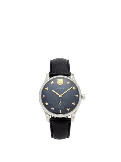 Gucci G-timeless Leather Watch In Navy Silver